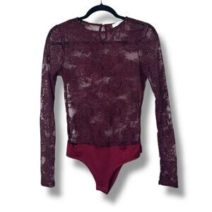 Ces Femme Boutique New Burgundy Red Floral Lace Mesh Rhinestone Bodysuit Small